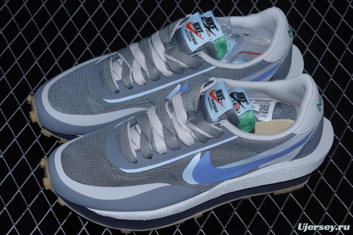 Clot x Sacai x NIKE LDWaffle Cool Grey gray and blue deconstruction tripartite joint name waffle double hook catwalk style casual shoes DH3114-001