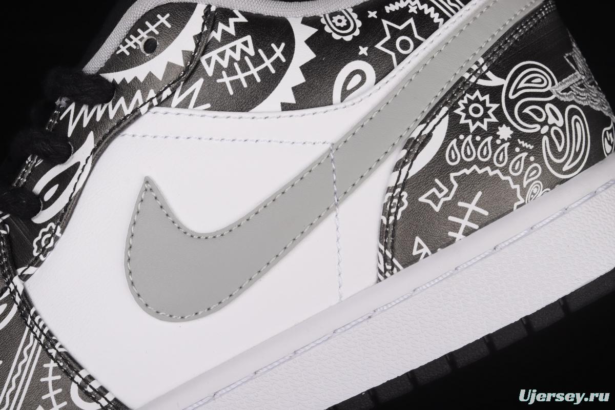 Air Jordan 1 Low hand-painted cashew flower low-side cultural basketball shoes 553558-040
