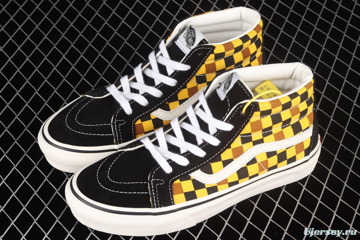 Vans Sk8-Mid Vance black, blue, orange and yellow plaid casual board shoes VN0A3WM3SW1