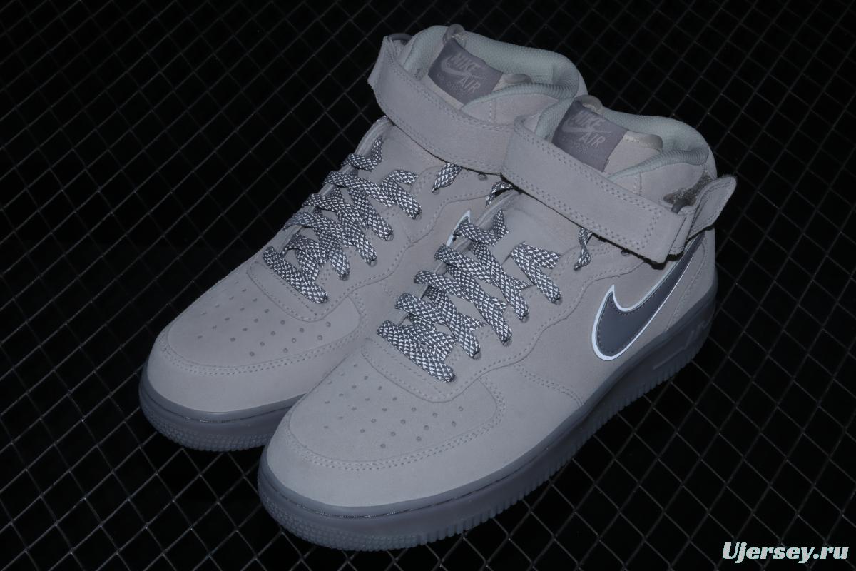 NIKE Air Force 1x 07 Mid air force light blue gray suede 3m reflective Zhongbang leisure board shoes 315123-002