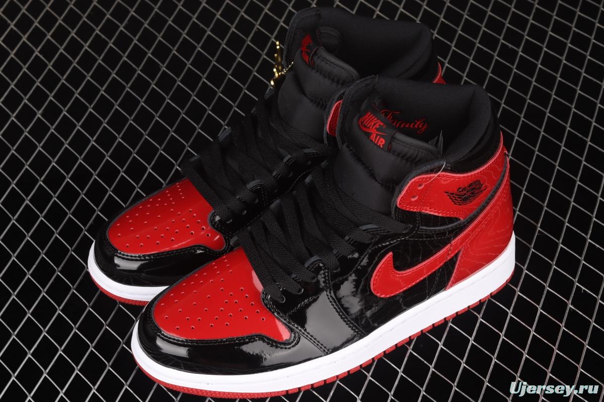 Air Jordan 1 High OG Bred Patent lacquered leather black and red high top basketball shoes 555088-063