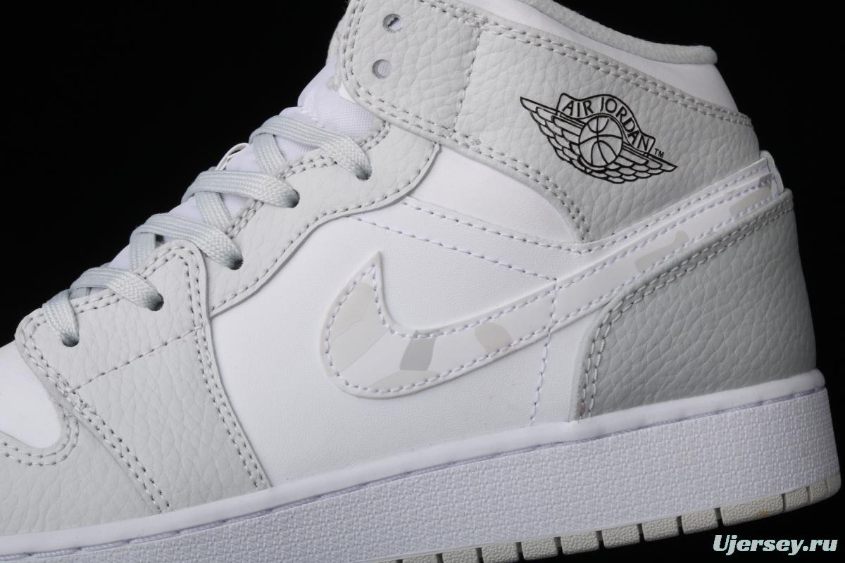 Air Jordan 1 Mid GS White Grey camouflage Bang Basketball shoes DD3235-100