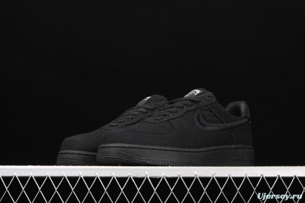 Stussy x NIKE Air Force 1 Low Black Cool Air Force low side black linen electric embroidered hook low upper board shoes CZ9084-001