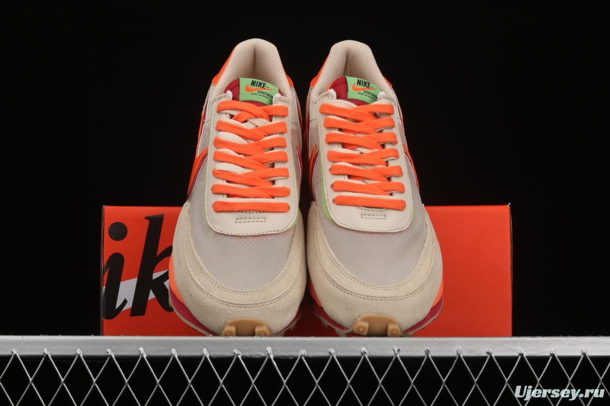 CLOT x Sacai x NIKE LDWaffle Net Orange Blaze joint overlapping design avant-garde waffle deformation rice orange color match casual jogging shoes DH1347-100
