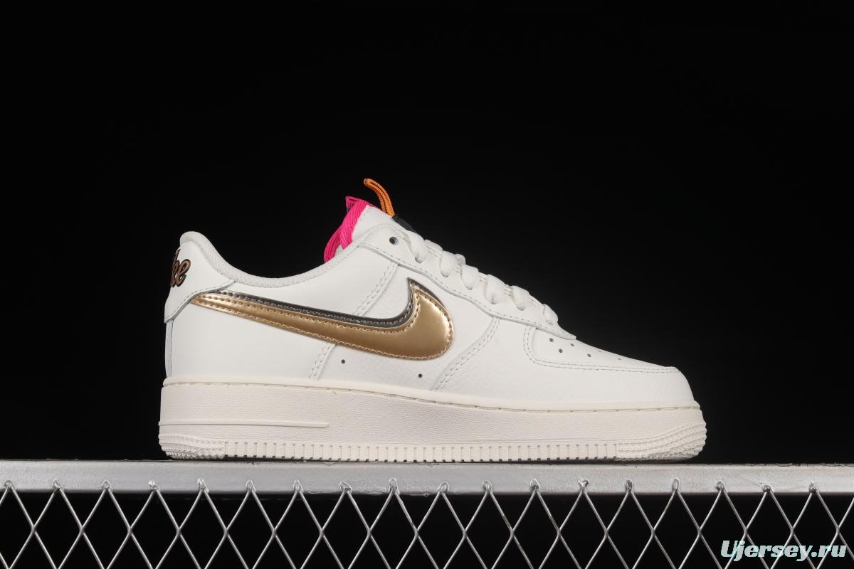 NIKE Air Force 1'07 Low Double Swoosh Grey Gold Double Hook Low Top Casual Sneakers DH9595-001