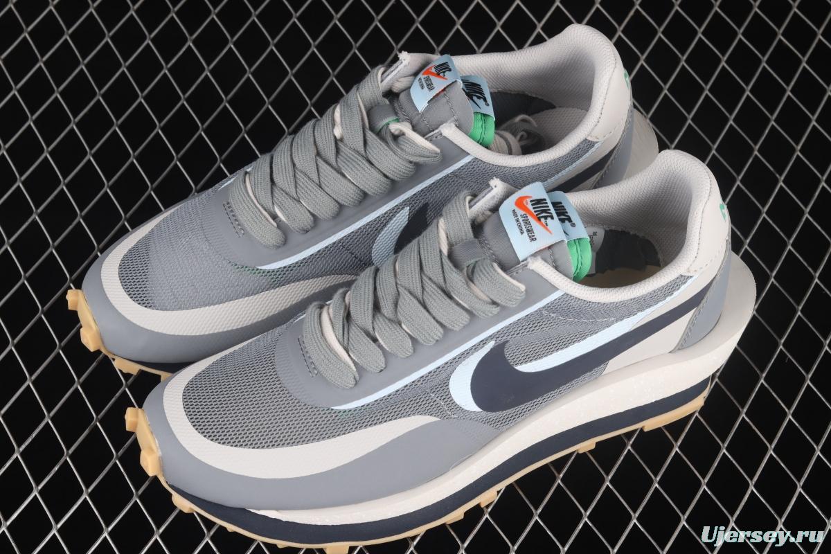 Clot x Sacai x NIKE LDWaffle Cool Grey gray and blue deconstruction tripartite joint name waffle double hook catwalk style casual shoes DH3114-001