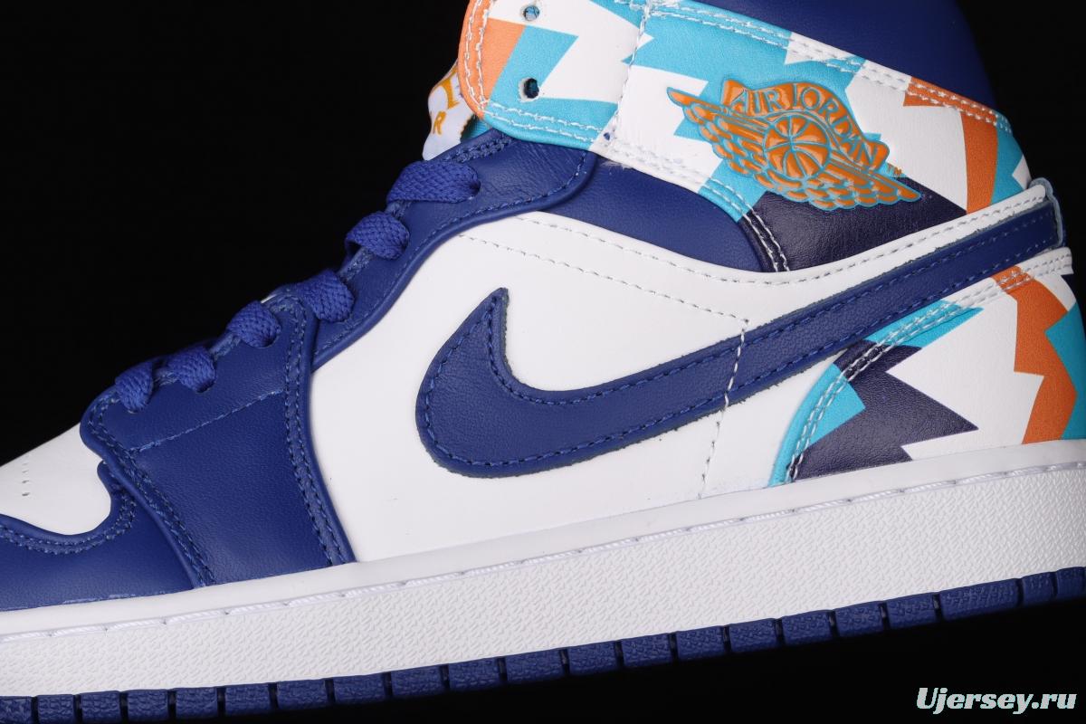Air Jordan 1 Mid geometrical white and blue Zhongbang basketball shoes 555112-105