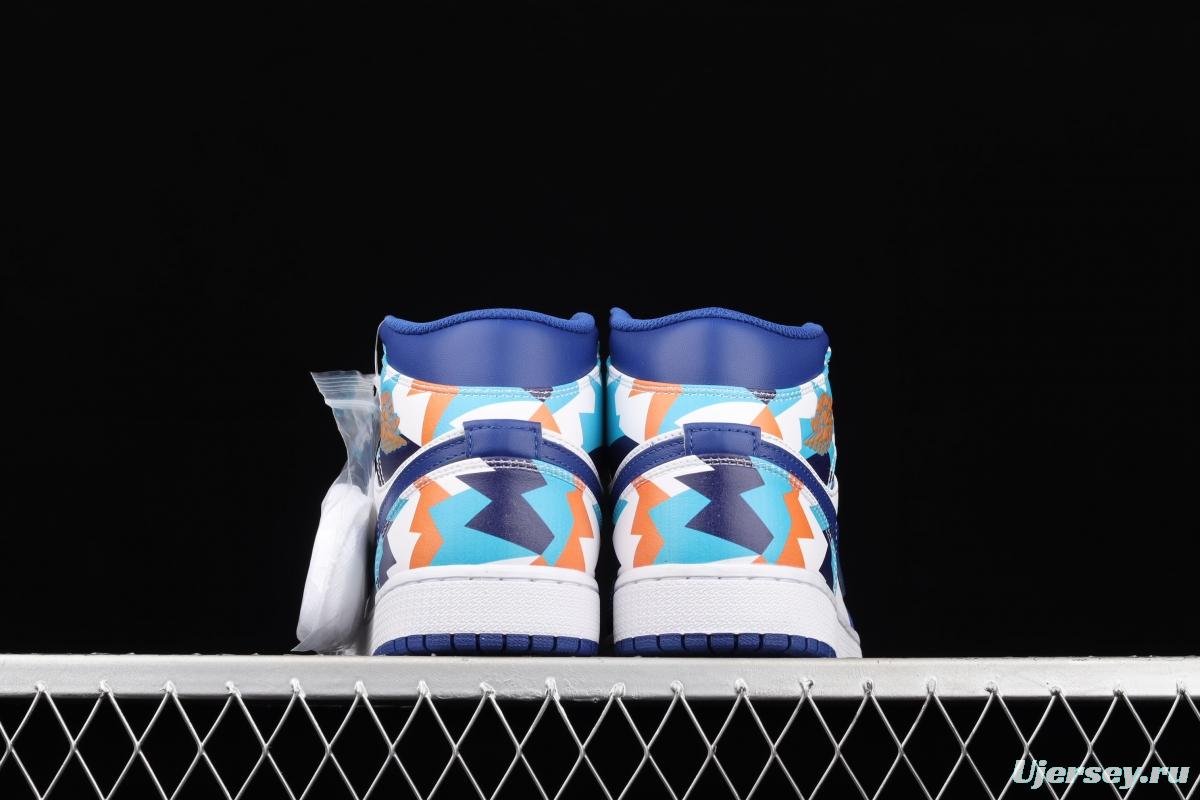 Air Jordan 1 Mid geometrical white and blue Zhongbang basketball shoes 555112-105