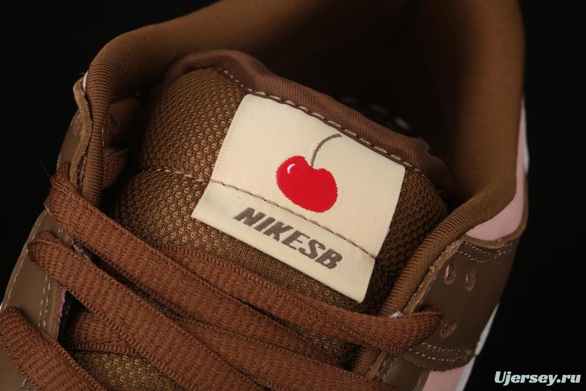 Stussy x SB DUNK Low Pro Cherry cherry pink brown skateboard shoes with low uppers 304292-671