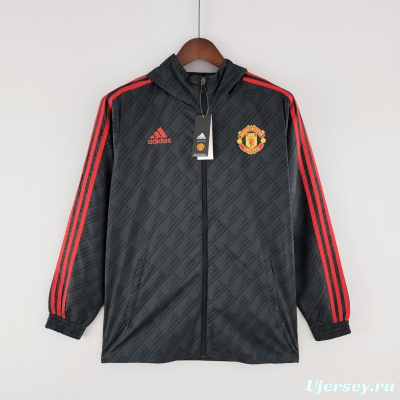 2022 Manchester United Windbreaker Black Red Edge