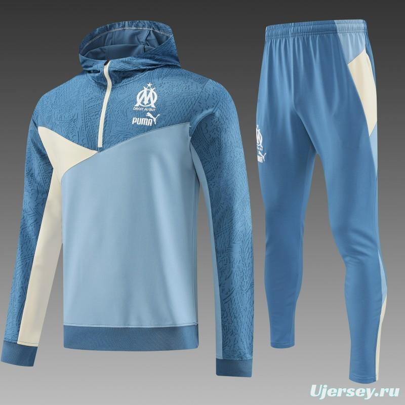 23/24 Olympique Marseille Blue Half Zipper Hoodie Jacket +Pants