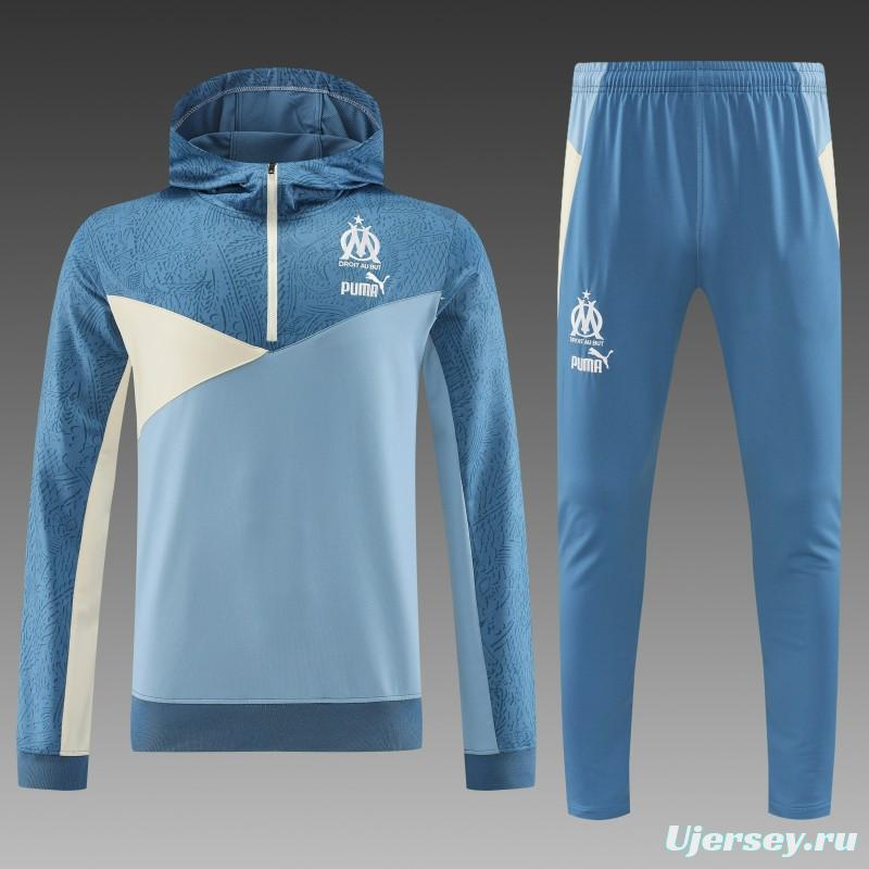 23/24 Olympique Marseille Blue Half Zipper Hoodie Jacket +Pants