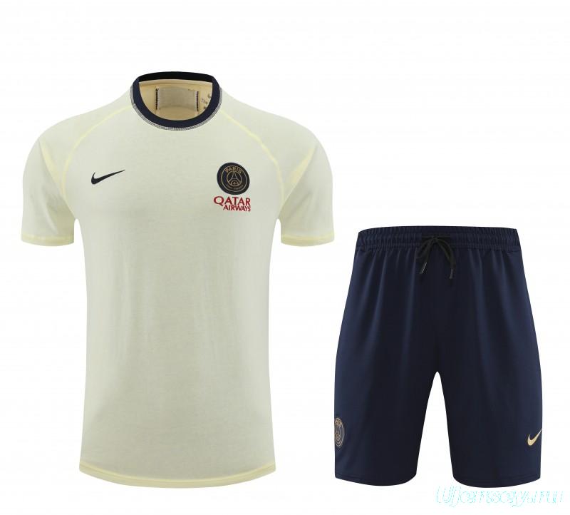 23/24 PSG Light Yellow Cotton Short Sleeve Jersey+Shorts