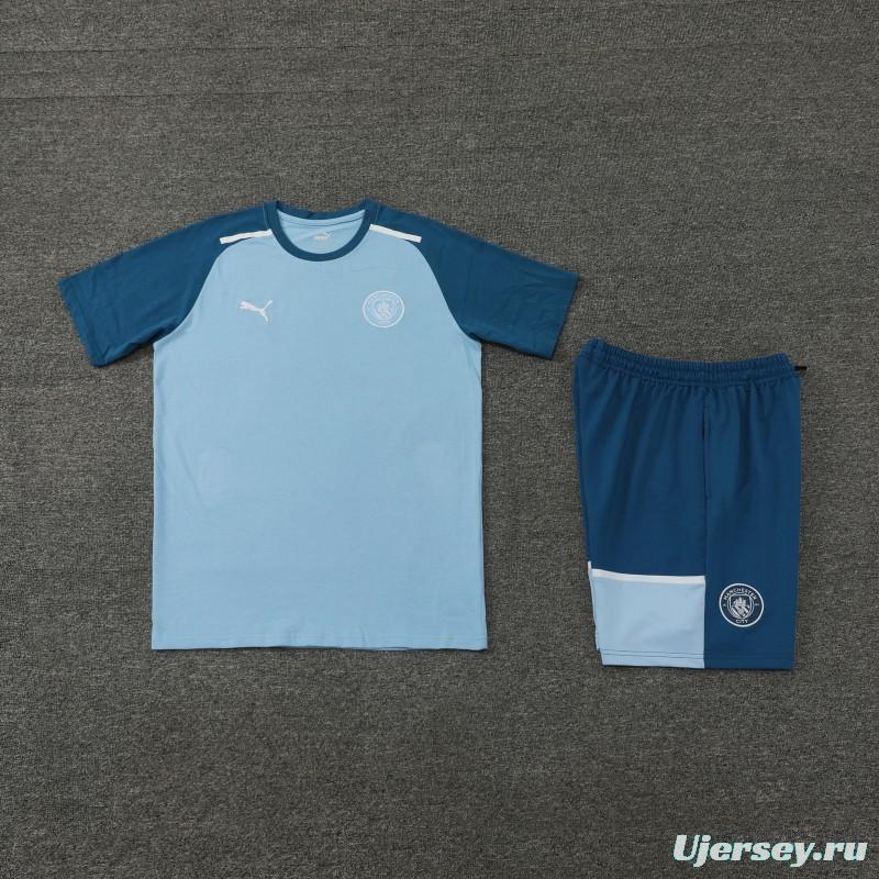 23/24 Manchester City Blue Cotton Short Sleeve Jersey+Shorts