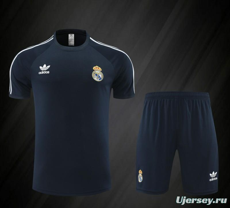 23/24 Adidas Originals Real Madrid Navy Cotton Short Sleeve Jersey+Shorts