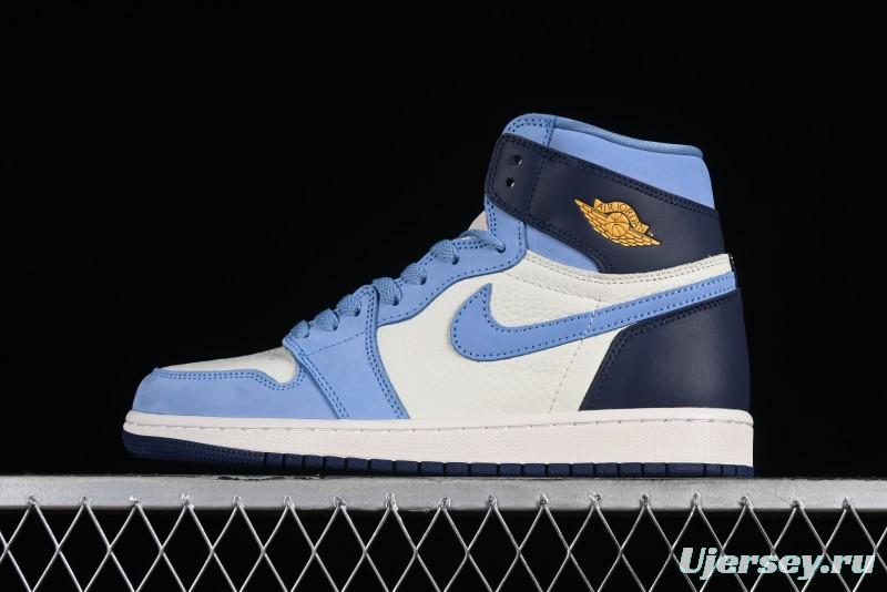 Nike Air Jordan 1 High OG "First in Flight" Basketball Shoes with UNC Blue and Yellow Accents - FD2596-400