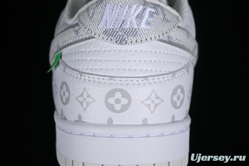 Nike SB Dunk Low Louis Vuitton Collaboration - White Grey Print High-End Custom Low-Top Casual Skate Shoes - LV0526-592