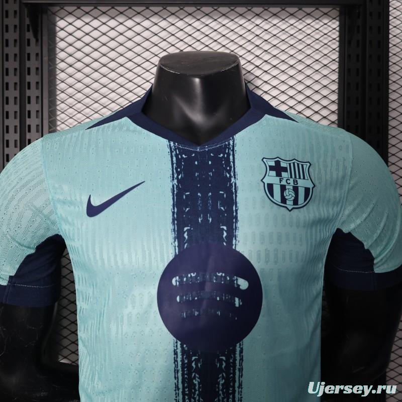 Player Version 25/26 Barcelona Blue 125Th Anniversary Mint Green Jersey with Navy Blue Stripe and Spotify Sponsor