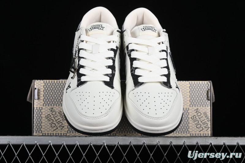 Nike SB Dunk Low LV Collaboration - Beige Black Denim Floral Anniversary High-End Custom Low-Top Casual Skate Shoes - XB3802-358