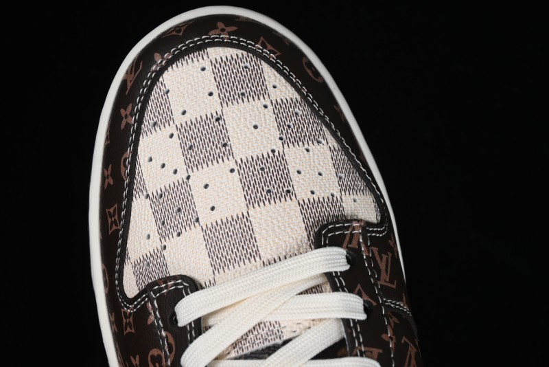 Nike SB Dunk Low LV Collaboration - Checkerboard Brown Monogram White Swoosh Anniversary High-End Custom Low-Top Casual Skate Shoes - SJ2068-255