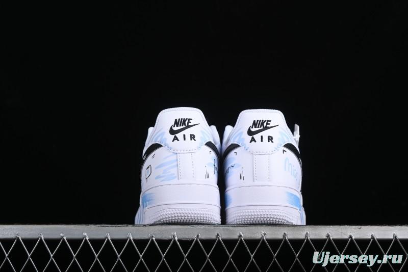Nike Air Force 1 '07 Low Casual Sneakers with Anime-inspired Blue Spray Paint Design - CW2288-111