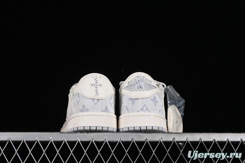 Nike Air Jordan 1 Low OG SP Travis Scott x Fragment Design LV Washed Blue Denim Casual Sneakers - SJ2068-007