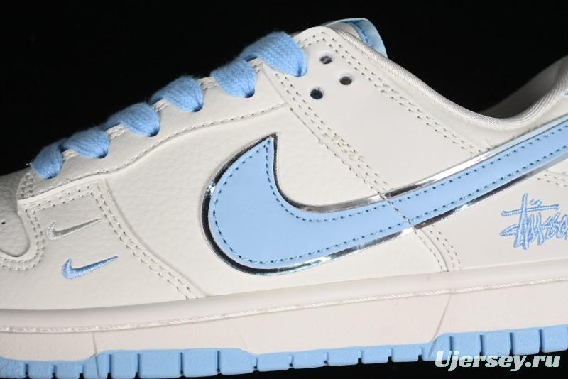 Stussy x Nike Dunk Low SB Skate Shoes in White with Light Blue Swoosh - DQ1098-380
