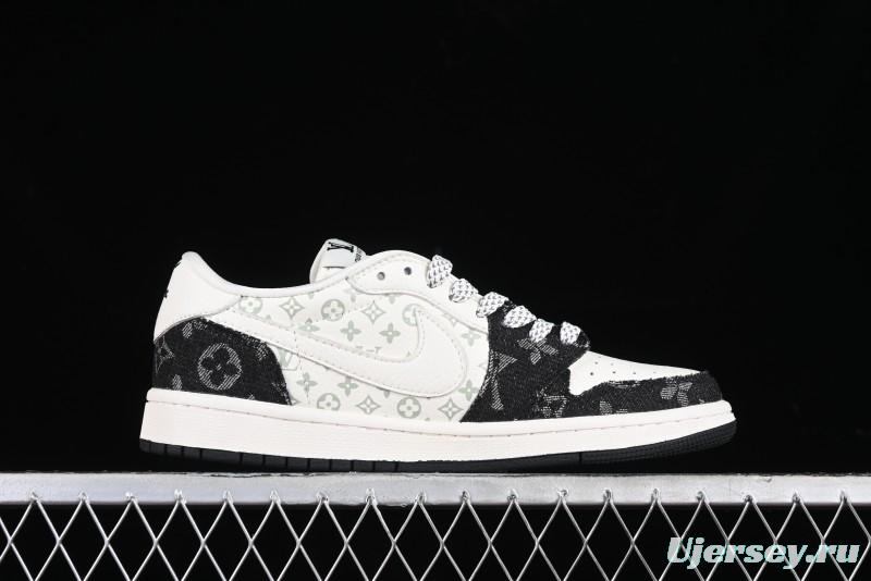Nike Travis Scott x Fragment Design x Jordan Air Jordan 1 Low OG SP AJ1 LV Black Denim Print Low-Top Casual Sneakers - SJ2068-008