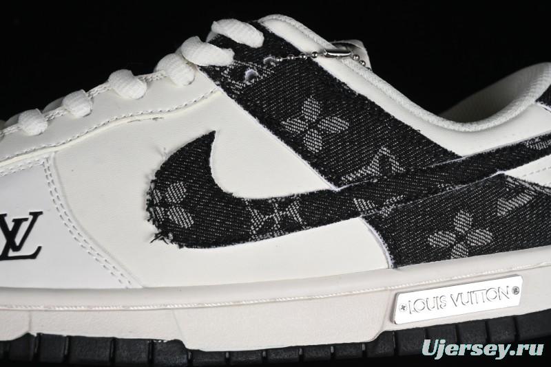 Nike SB Dunk Low LV Collaboration - Black Denim Off-White Black Swoosh Anniversary Custom Low-Top Casual Skate Shoes - DJ2024-009