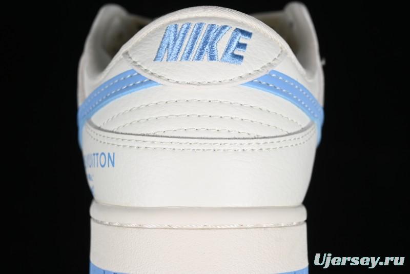 Nike SB Dunk Low LV Collaboration - Beige Blue Double Swoosh Print Anniversary Custom Low-Top Casual Sneakers - CF3688-005