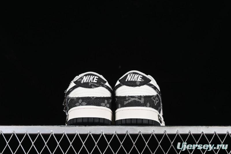 Nike SB Dunk Low LV Collaboration - Black Denim Off-White Black Swoosh Anniversary Custom Low-Top Casual Skate Shoes - DJ2024-009