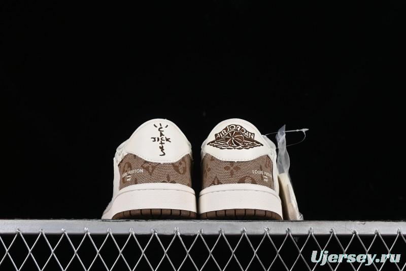 Nike Travis Scott x Fragment Design x Jordan Air Jordan 1 Low OG SP AJ1 LV Light Brown Print Casual Sneakers - SJ2068-102