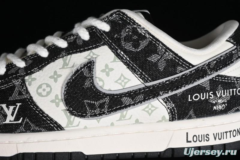 Nike SB Dunk Low LV Collaboration - Black Denim Print Anniversary Custom Low-Top Casual Sneakers - SJ2068-256