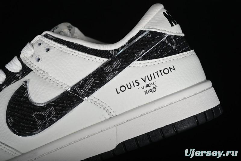 Nike SB Dunk Low LV Collaboration - Beige Black Denim Floral Anniversary High-End Custom Low-Top Casual Skate Shoes - XB3802-358