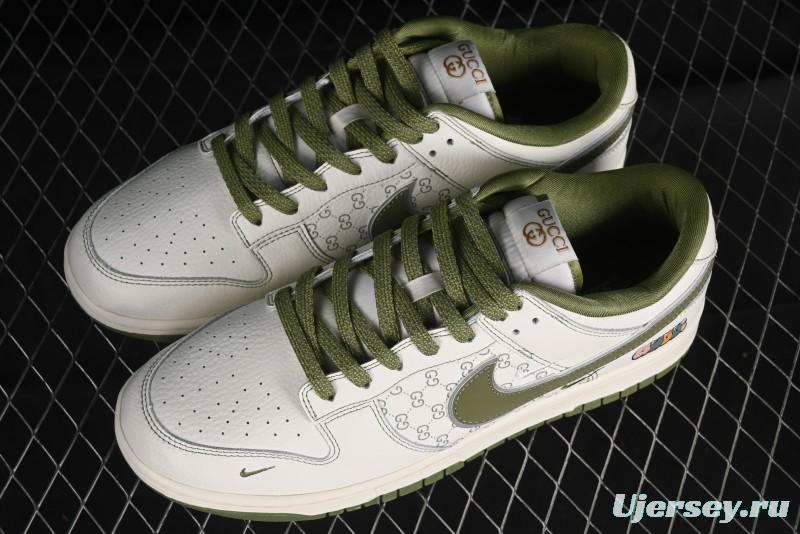 Nike SB Dunk Low Gucci Collaboration - Subtle Pattern Beige Green Swoosh Anniversary Custom Low-Top Casual Sneakers - KK1888-006