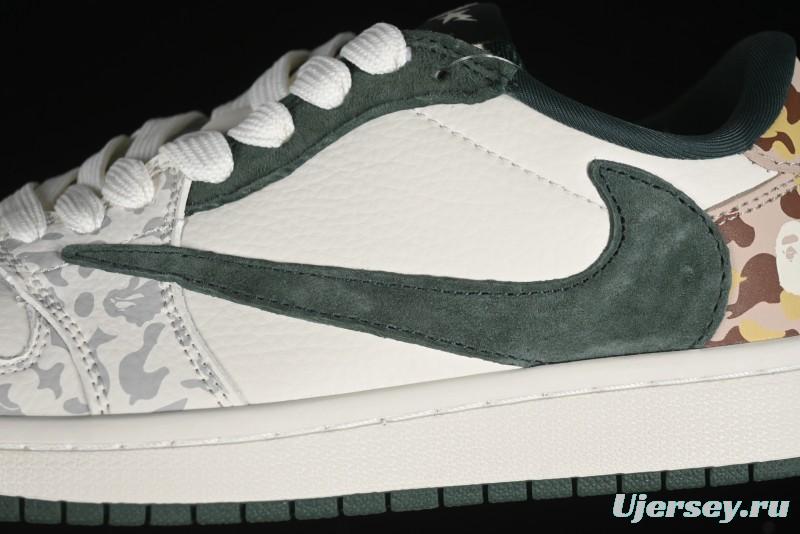 Nike Travis Scott x Fragment Design x Air Jordan 1 Low OG SP AJ1 Bape Collaboration - Camo Green Low Top Casual Sneakers - JH6088-614