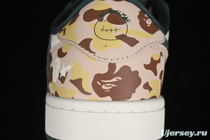 Nike Travis Scott x Fragment Design x Air Jordan 1 Low OG SP AJ1 Bape Collaboration - Camo Green Low Top Casual Sneakers - JH6088-614