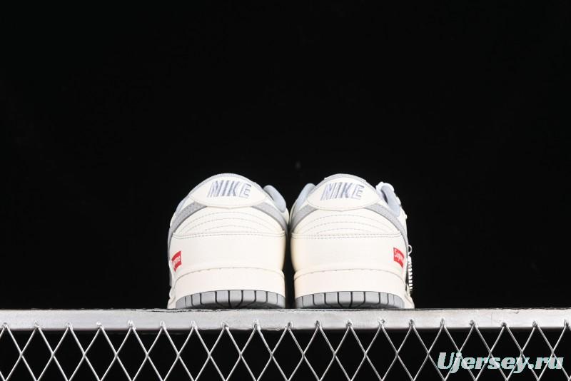 Nike SB Dunk Low Supreme Collaboration - Off White Gray Double Swoosh Anniversary Custom Low-Top Casual Skate Shoes - XX2025-317