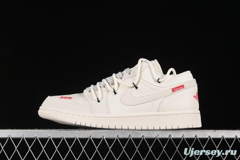 Nike Air Jordan 1 Low Supreme Collaboration - Retro Basketball Shoes in Off-White Red with Small Logo - SJ9950-017