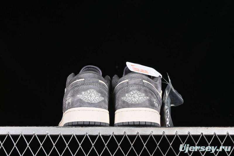 Nike Air Jordan 1 Low AJ1 Stussy Collaboration - Grey Pigskin Custom Low-Top Basketball Shoes - SJ9950-010