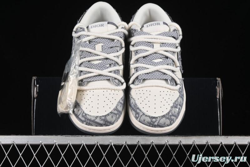 Nike SB Dunk Low Dior Collaboration - Strap Woven Grey Check Anniversary High-End Custom Low-Top Casual Sneakers - SJ2068-285