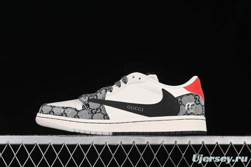 Nike Travis Scott x Fragment Design x Air Jordan 1 Low OG SP AJ1 Gucci Collaboration - Black Grey Pattern Low Top Casual Sneakers - XY2688-117