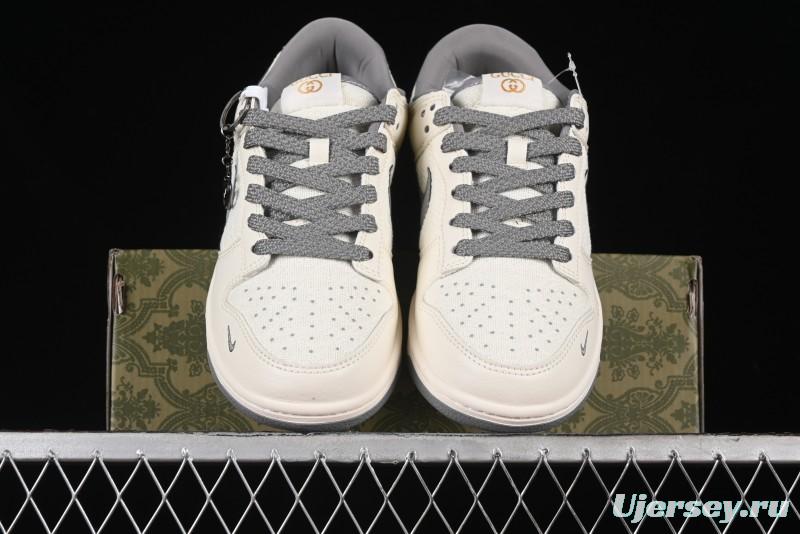 Nike SB Dunk Low Gucci Collaboration Anniversary High-End Custom Sneakers in Off-White & Dark Gray Swoosh - DQ1098-383