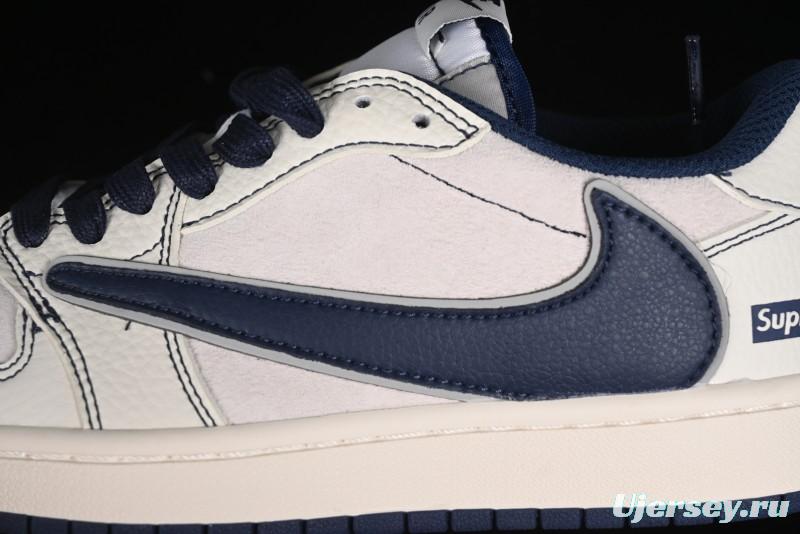 Nike Travis Scott x Fragment Design x Air Jordan 1 Low OG SP AJ1 Supreme Collaboration - Dark Blue Swoosh Low-Top Casual Sneakers - XZ2268-001