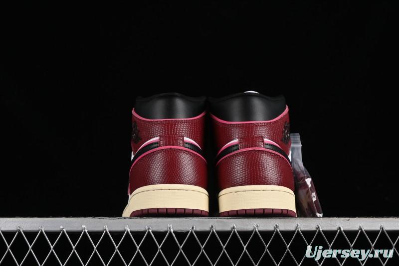 Nike Air Jordan 1 Mid AJ1 Snake Print Black Red Toe Mid-Top Basketball Shoes - FQ7818-101