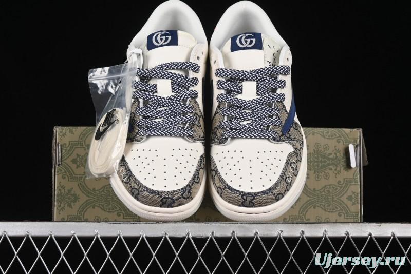 Nike Travis Scott x Fragment Design x Air Jordan 1 Low OG SP AJ1 Gucci Collaboration - Silver Logo Blue Swoosh Low Top Casual Sneakers - XY2688-118