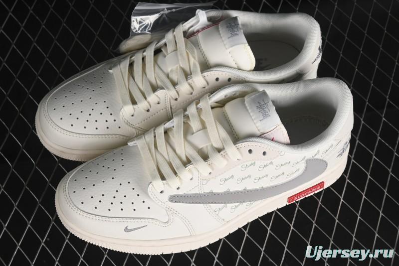 Nike Travis Scott x Fragment Design x Air Jordan 1 Low OG SP AJ1 Retro Sneakers with Reverse Swoosh - SJ2068-115