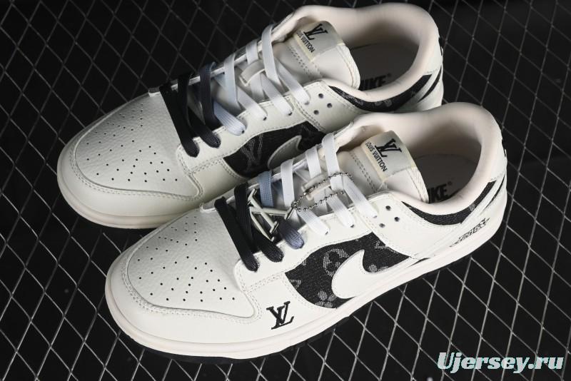 Nike SB Dunk Low LV Collaboration - Beige Black Printed Denim Anniversary High-End Custom Low-Top Casual Skate Shoes - XB3802-357