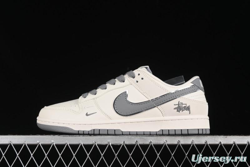 Nike SB Dunk Low Stussy Collaboration - Off White Dark Grey Swoosh Anniversary Custom Low-Top Casual Skate Shoes - DQ1098-382