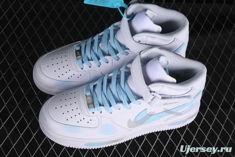 Nike Air Force 1 '07 Mid Light Blue Hand-Painted Cracked Three Stripes Shadow Mid-Top Casual Sneakers - CW2289-111